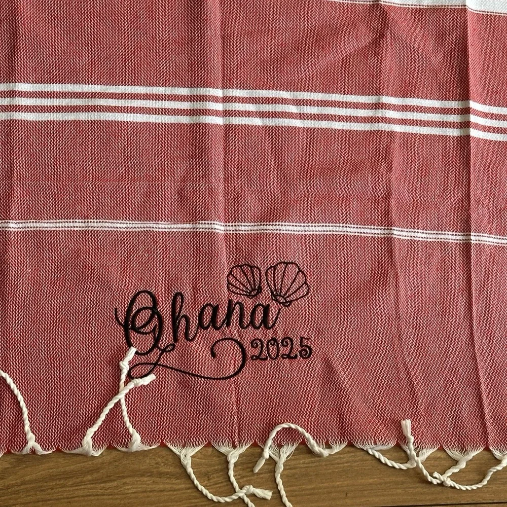 Ohana 2025 Beach Blanket Burgundy White Striped 69X28